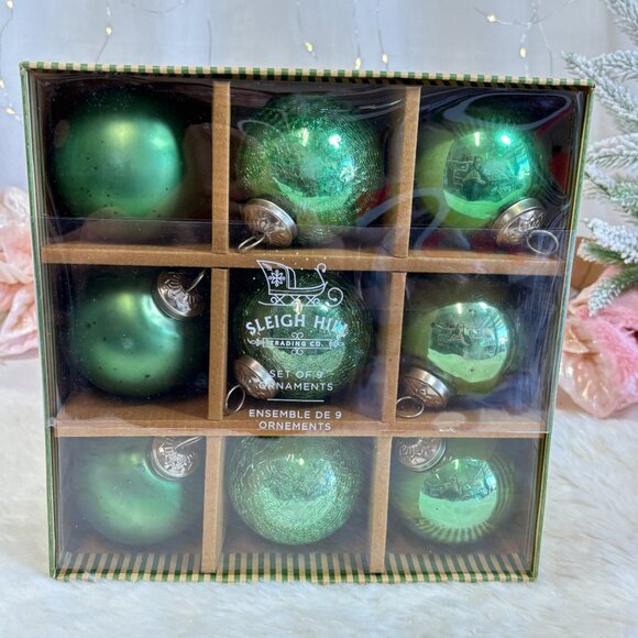 Set of 9 Kugel Style Green Mercury Glass Christmas Ornaments Crackled Matte New - Picture 7 of 7